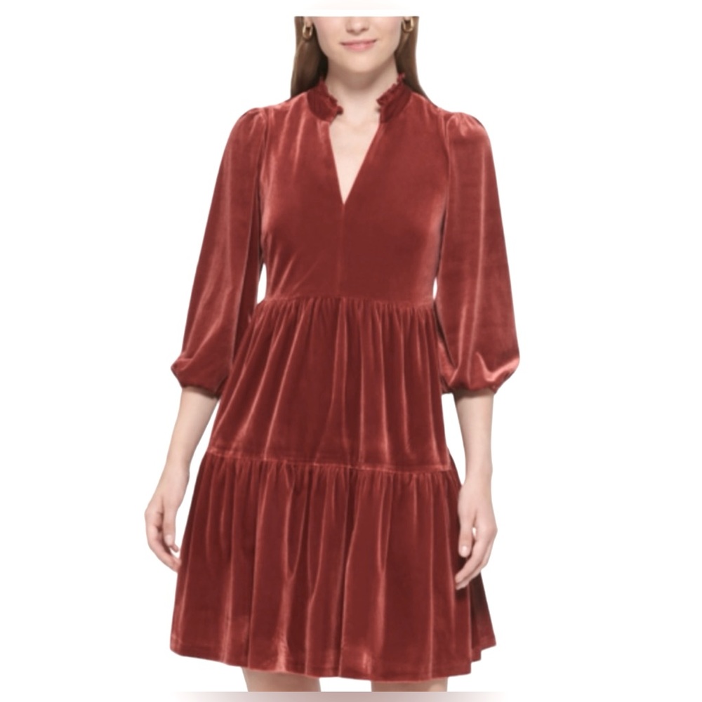 NWT 🆕#154 - Vince Camuto Velvet Rust Tiered Puff Sleeve Mini Dress NWT Size 2